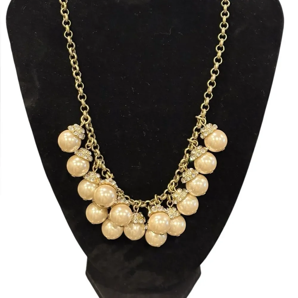 J. Crew Faux Pearl and Rhinestone Gold Tone and Cream Necklace 1980’s
